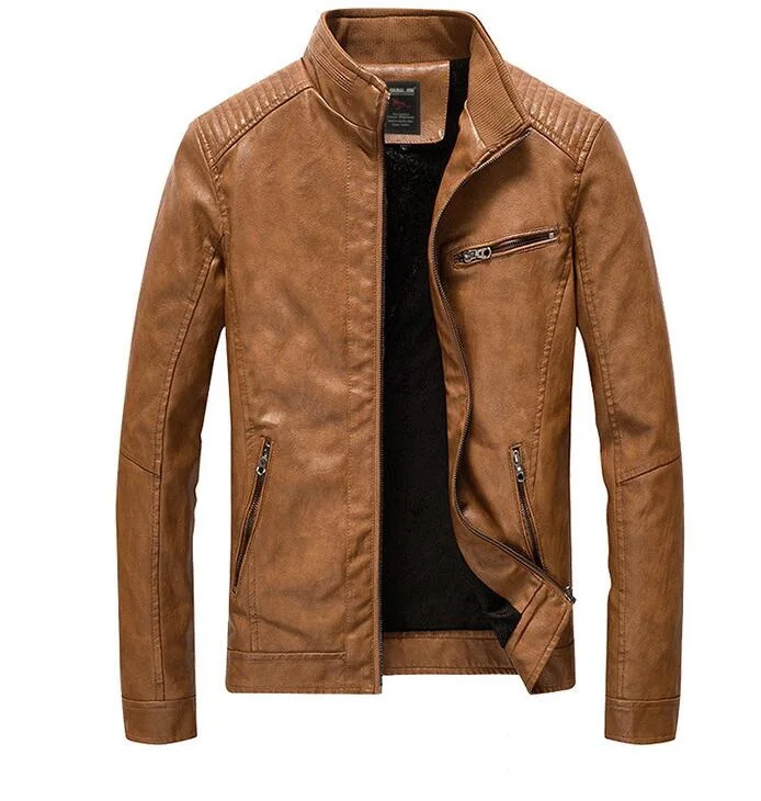 Мужская куртка из искусственной кожи, мужские кожаные куртки со стоячим воротником, мотоциклетная Повседневная приталенная куртка из искусственной кожи, бархатная вымытая верхняя одежда, Прямая поставка