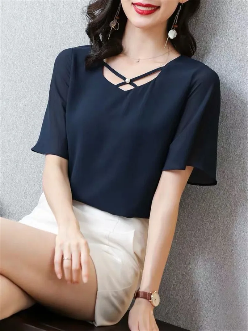 Nuevo y elegante cuello en V blusa de chifón para verano camisa Sexy mujer blusas Tops de manga corta talla grande M-6XL 7XL 8XL