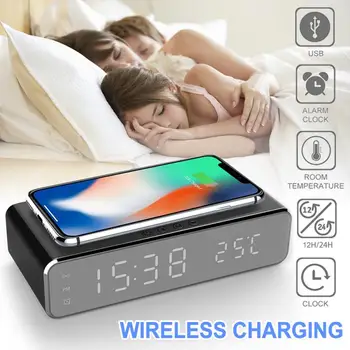 

LED Electric Alarm Clock With Phone Charger Wireless Desktop Digital Thermometer Clock HD Clock Mirror With Time Memory