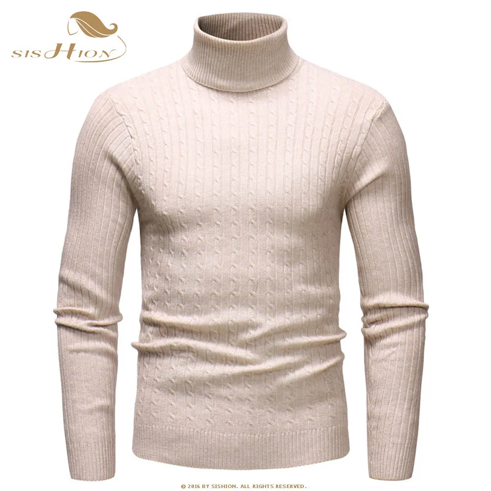 SISHION Autumn Warm Turtleneck Sweater Men Fashion Solid Knitted Mens Sweaters QY0336 Casual Men Slim Pullover - Цвет: Beige-White
