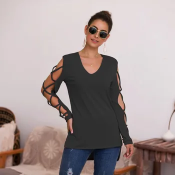 

Dabourfeel Women V-neck Casual Solid Top Streetwear Hollow Out Long Sleeve Two Sides Split Top 2020 Arrival Summer Fashion Top