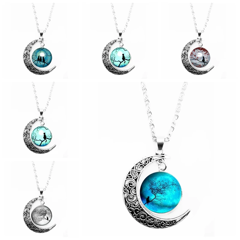 2019 New Retro Fascinating Life Tree and Cat Glass Round Moon Necklace Men's Women's Jewelry | Украшения и аксессуары
