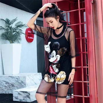 

Fashion Women Two Piece Suits Mickey Dress Sequins Mesh Dress Sequins Tshirt Black Dress With Sequins 2 Piece Set