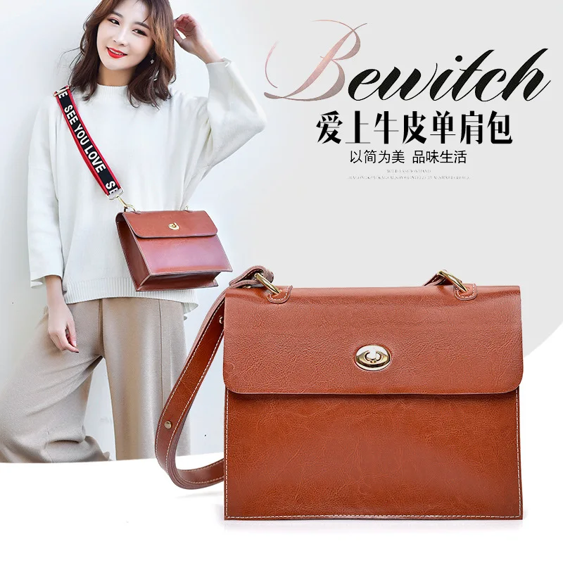 

2019 New Style Oil Wax Leather Women's Bag Europe And America Solid Color Simple Fashion Leather Shoulder-bag Cowhide Messenger