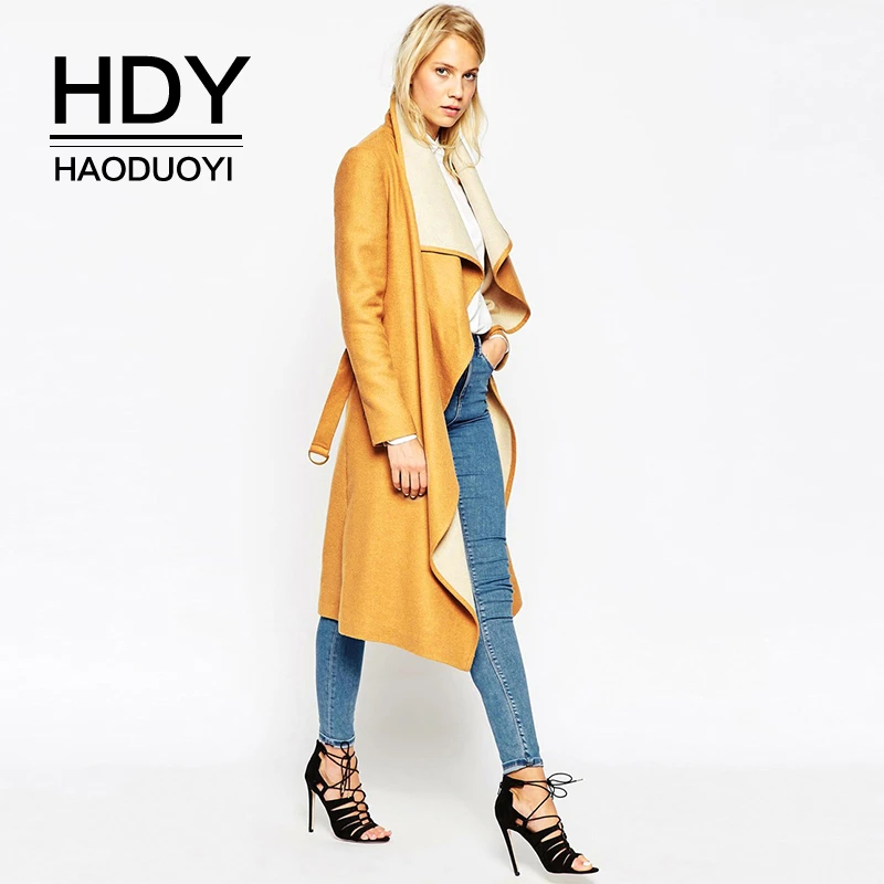 

HDY Haoduoyi New Fashion Autumn Ladies Personality Simple Casual Slim Long Sleeve Loose Belt Solid Color Elegent Woolen Coat