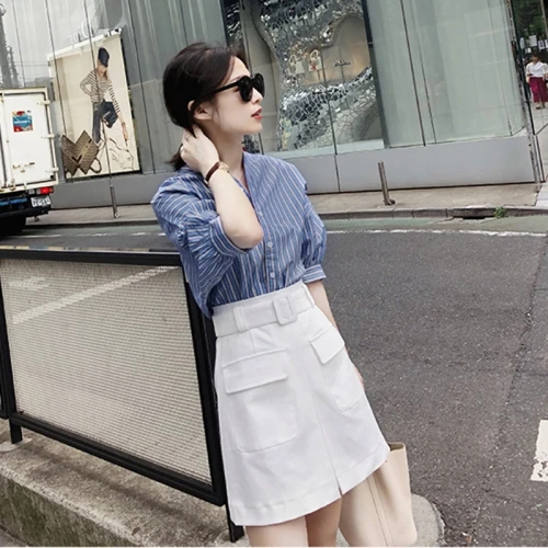 

Casual 2019 V Neck Pocket Two Piece Set Korean Brief Loose Women Clothes Single Breasted High Waist Striped Conjunto Feminino