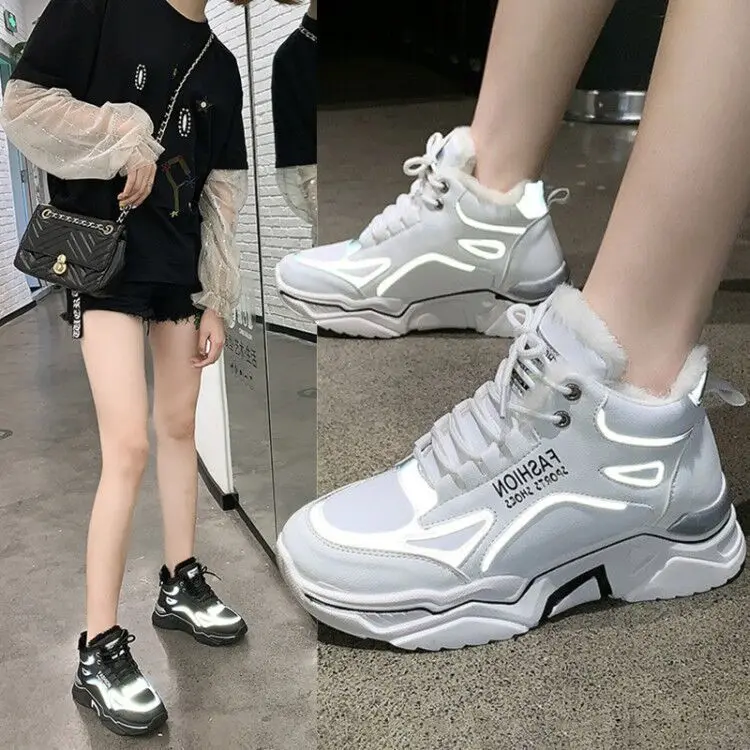 

Reflective Boots platform Winter Shoes Women Snow Boots Platform Keep Warm Ankle Winter Boots With Thick Fur Heels Botas Mujer