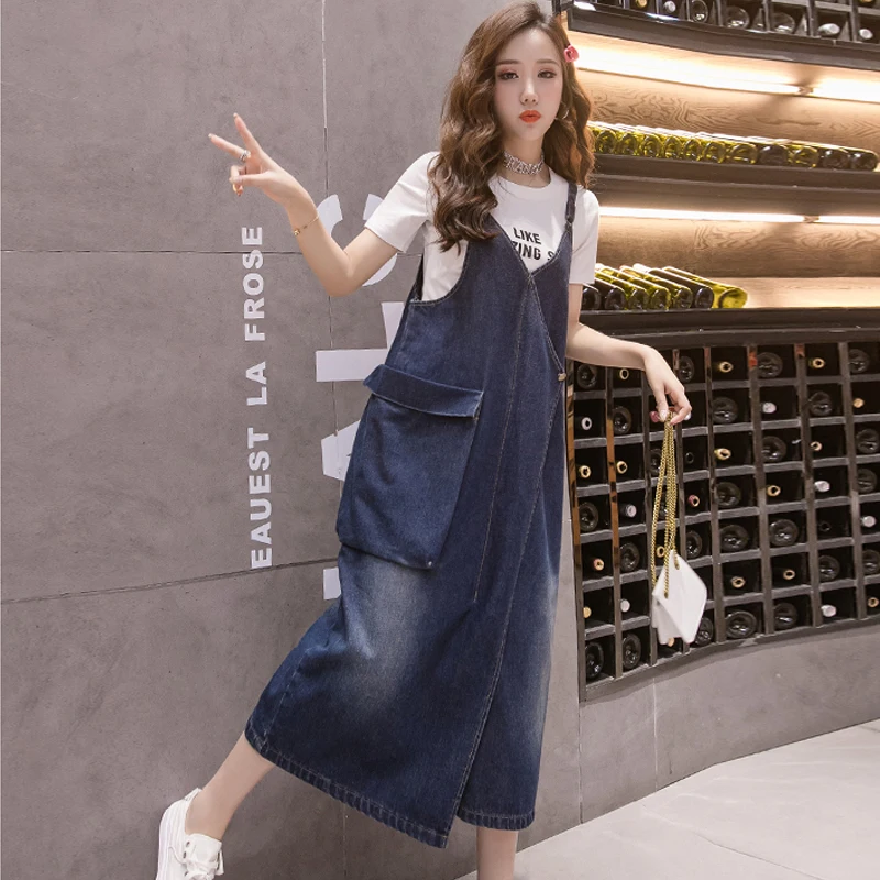 

For 40-200Kg Lady's Wear New V Neck Big Pocket Denim Dresses 2019 Spring Summer Women's Strap Casual Denim Dress Female Clothing