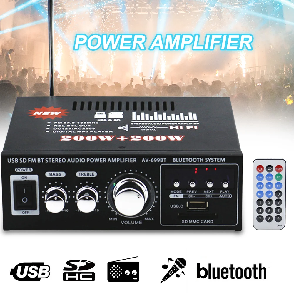 12 В/220 В 400 Вт 2 канала Bluetooth Hi-Fi стерео усилитель USB SD радио аудио усилитель мощности для домашнего автомобиля ЕС вилка