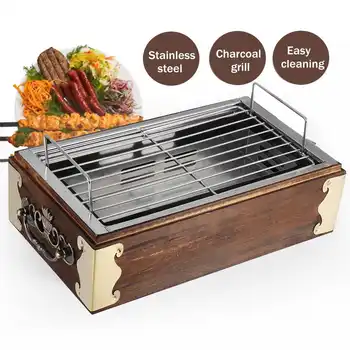 

Portable Wood Stainless Steel BBQ Grill Food Barbecue Cooking Tools Charcoal Barbecue Stove CampingBBQ Tools Kitchen Accessories