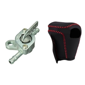 

2 Pcs Car Accessories: 1 Pcs 1/4 in ch Fuel Tank Tap Filter Petcock Switch & 1 Pcs Black Leather Cover Gear Shifter Knob