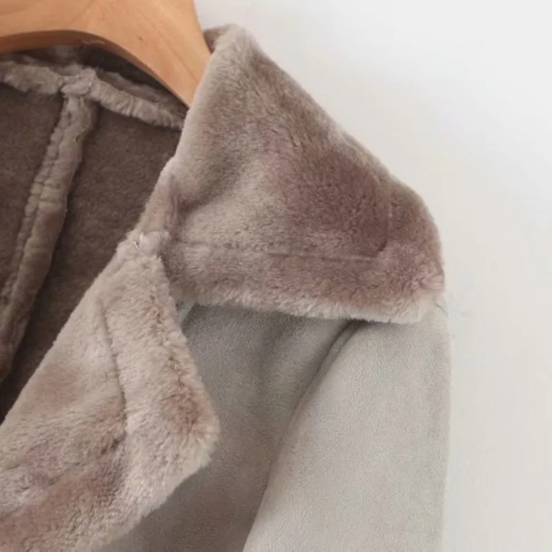 NSZ Женская замшевая укороченная куртка-Авиатор с флисовой подкладкой, плюшевое пальто с мохнатым воротником, винтажная куртка-бомбер, верхняя одежда на осень и зиму