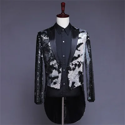 black and silver Многоцветный Блесток фрак мужской фрак черный пиджак-фрак красный длинный концертный костюм куртка - Цвет: black and silver