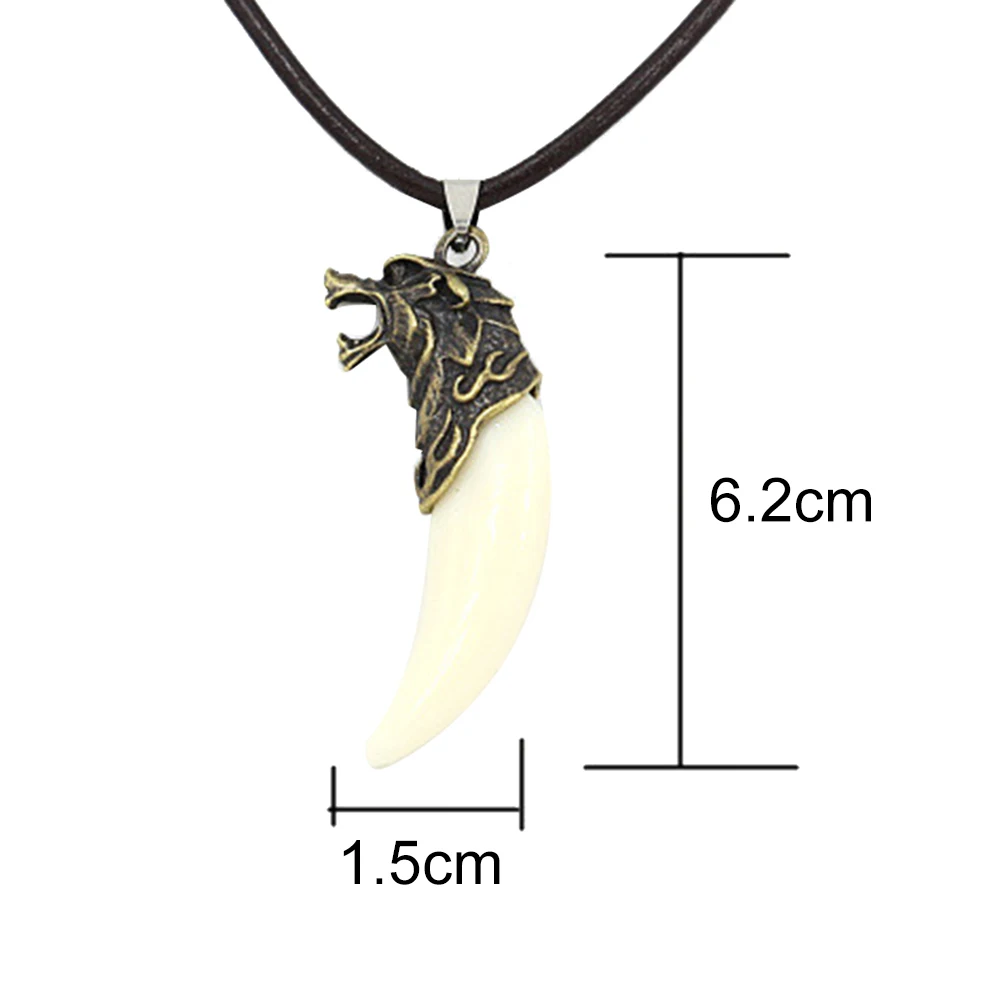 4 Color Antique Men Necklace Tribal Carved Wolf Fang Tooth Pendant Faux Leather Rope Necklace Resin Wolf Tooth Alloy Pendant