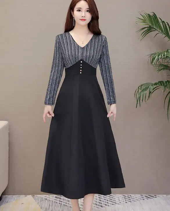 Высокое качество элегантного размера плюс M-3XL V воротник цвет блока с длинным рукавом женское длинное платье - Цвет: Черный