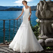 Кружева Русалка Свадебные платья совок с кружевной аппликацией, без рукавов Кнопка иллюзия свадебное платье для невесты Vestidos De Noiva Sweep Train