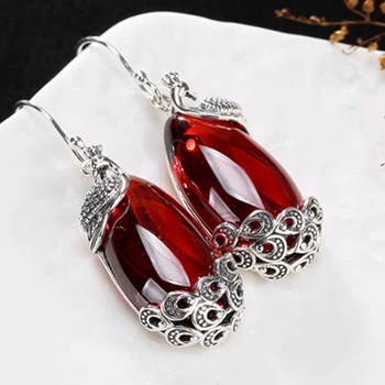 

NOT FAKE S925 Fine Jewelry Earrings Phenix peacock Sterling Silver red ruby gemstone Exquisite Semi Gemstone waterdrop moldavite
