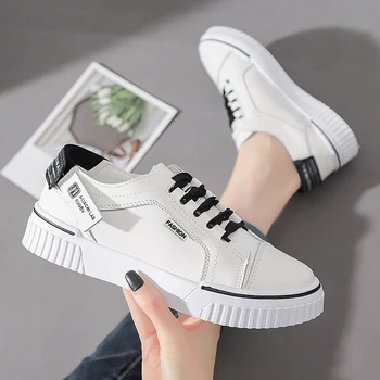 

White Casual Shoes Women Fashion PU Leather Flat Sneakers Soft Korean Women Platform Round-toe Lace Up Autumn Vulcanize Shoes