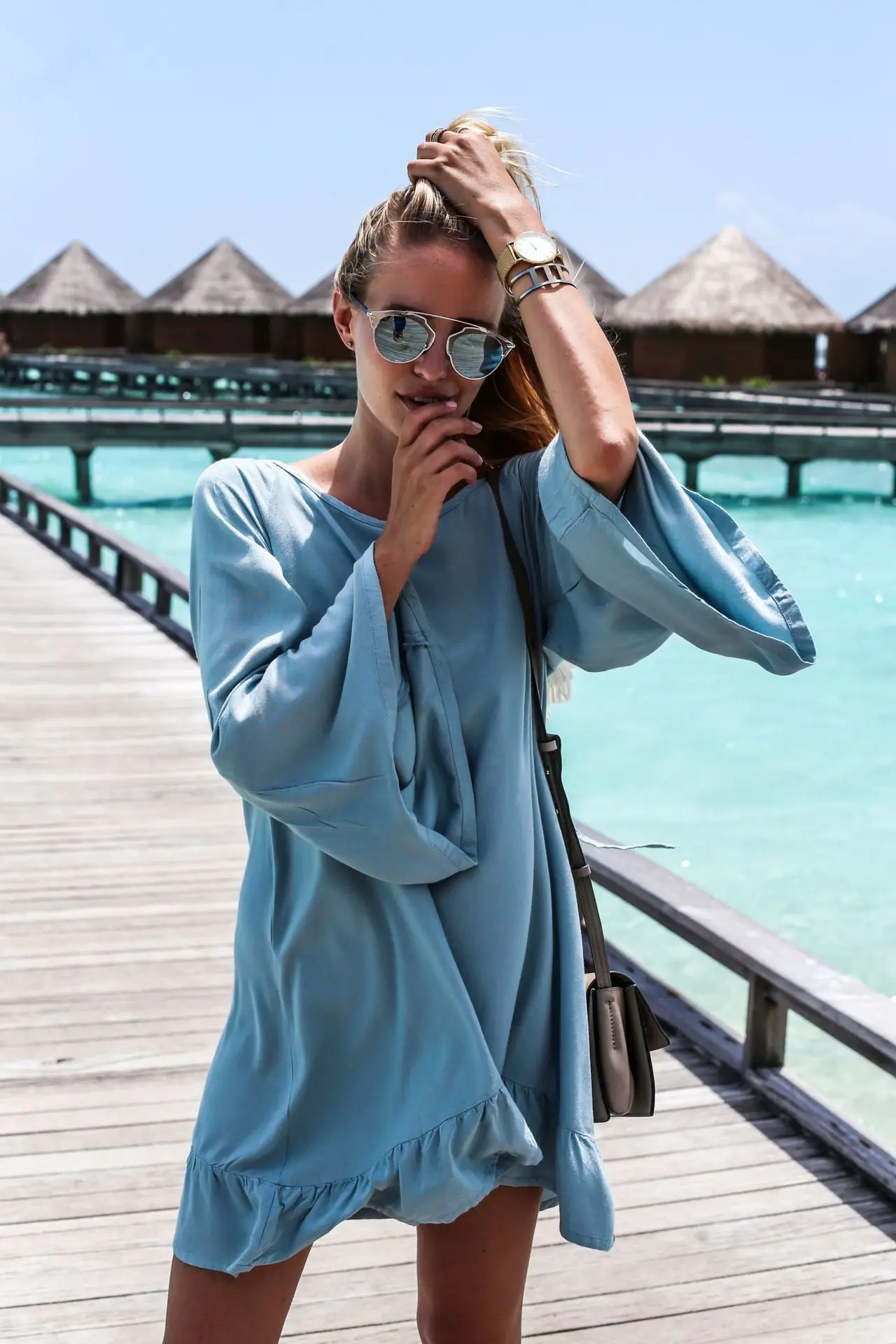 Beach Cover Up Women Plus Size Beachwear Sexy Open Back Summer Beach Dress vestido de playa Blue Cotton Tunic pareo plage A341