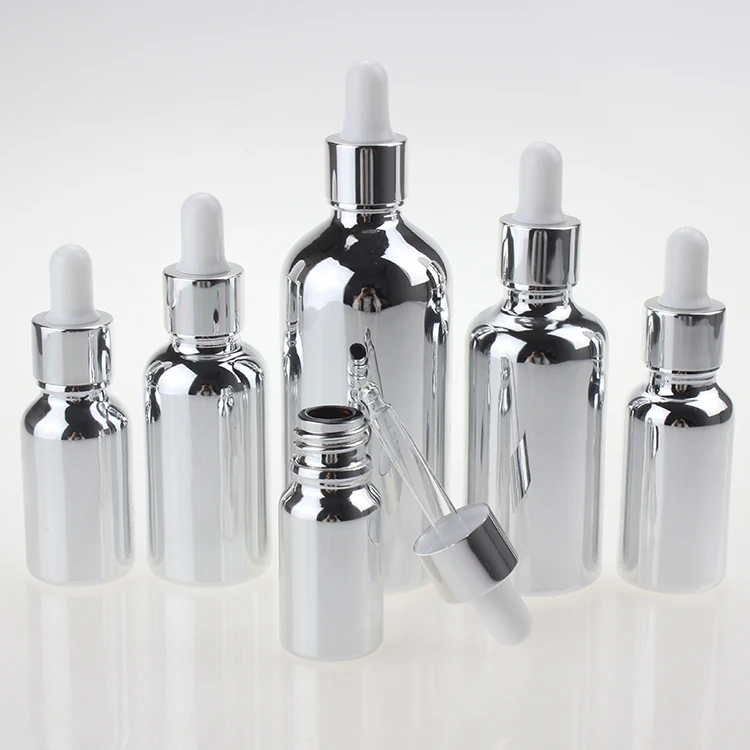 

Оптовая продажа, пустая стеклянная бутылка для эфирного масла, серебристая стеклянная бутылка с насосом с УФ-покрытием