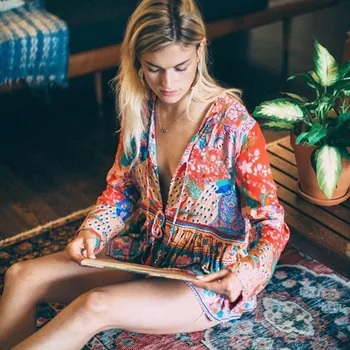 

Red Peacock Floral Print Blouse