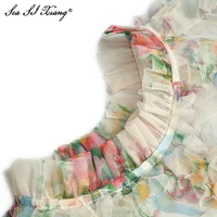 فستان شبكي ربيعي مصمم على الموضة من Seasixiang فستان شبكي نسائي بياقة على شكل فانوس بأكمام متتالية مكشكشة مطبوع عليه زهور فساتين للعطلات 1