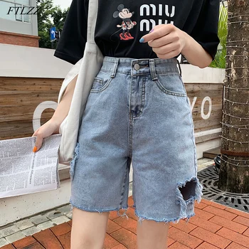 

FTLZZ High Waist Wide Leg Women Blue Hole Denim Shorts New Summer Vintage Female Stright Solid Color Jeans Shorts