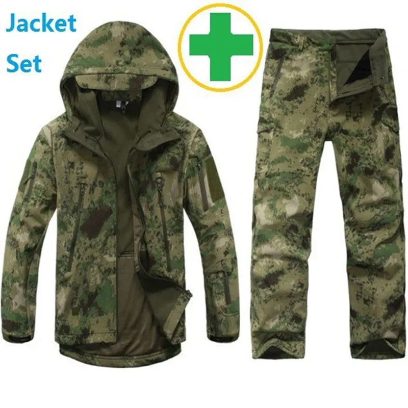 Jacket+pants Hiking Clothings hunt jacket man outdoor waterproof Keep warmell Fleece camouflag Windbreaker s-4xl - Цвет: Green Camouflage