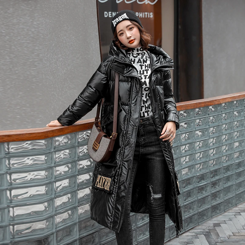 

X-long winter women Parkas Female 2020 Hooded Thick Puffer Jacket Women Korean Style Cotton Padded Shiny Glossy Coat Ladies