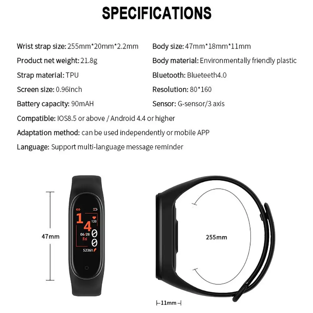 Для M4 Smart BraceletWristband здоровье частота сердечных сокращений/кровяное давление/монитор сердечного ритма/шагомер спортивный браслет# N
