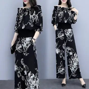 

Fashion 2 Piece Set Women Summer 2020 New Foreign Style Chiffon Shoulder Shirt Wide Leg Pants Was Thin Tracksuit For Women