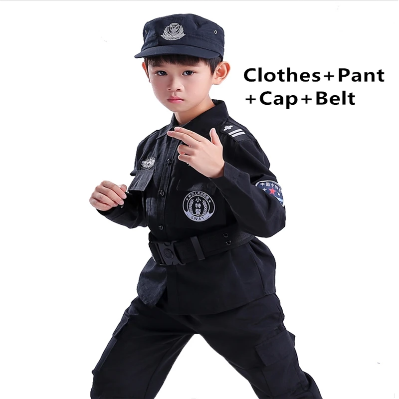 Long coat pant hat New Boy Cosplay for Policemen Kids Army Police Uniform Performance Policemen Costumes Coat+Pant+Belt+Cap Special Police Clothing - Цвет: Long coat pant hat