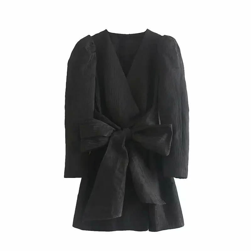 Женское черное мини-платье с бантиком, винтажный буф с длинным рукавом и v-образным вырезом, шикарные Брендовые платья кимоно DS2870