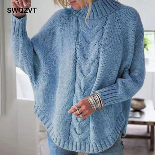 Свитер женский пуловер осень зима новые свободные вязаные свитера с высоким воротом Женская одежда женский джемпер Топы Sueter Mujer - Цвет: blue
