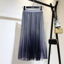 TVVOVVIN New Spring Summer Vintage Style Empire Waist Mid-calf Patchwork Gradient Bright Silk Women Pleated Skirt F335