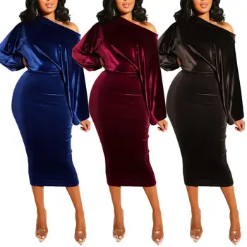 

Elegant Women Solid Color One Shoulder Long Puff Sleeve Velvet Bodycon Midi Dress One Shoulder Long Velvet Bodycon Midi Dress