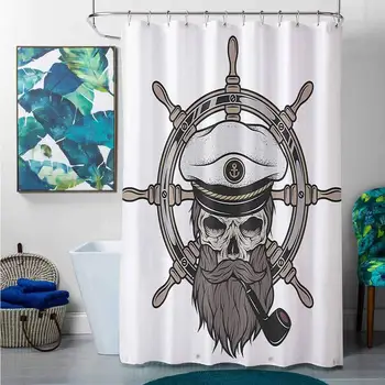 

Shower Curtains Lilac Skulls Decorations,Captain Pirate Skull in Sailor Hat with Beard and Pipe Nautical Theme Print,Brown White