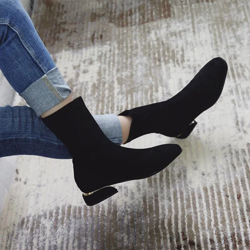 

Women Winter Sock Boots 2018 New Sexy Party Square Toe Elastic Plush Warm Black Shoes Short Ankle Booties