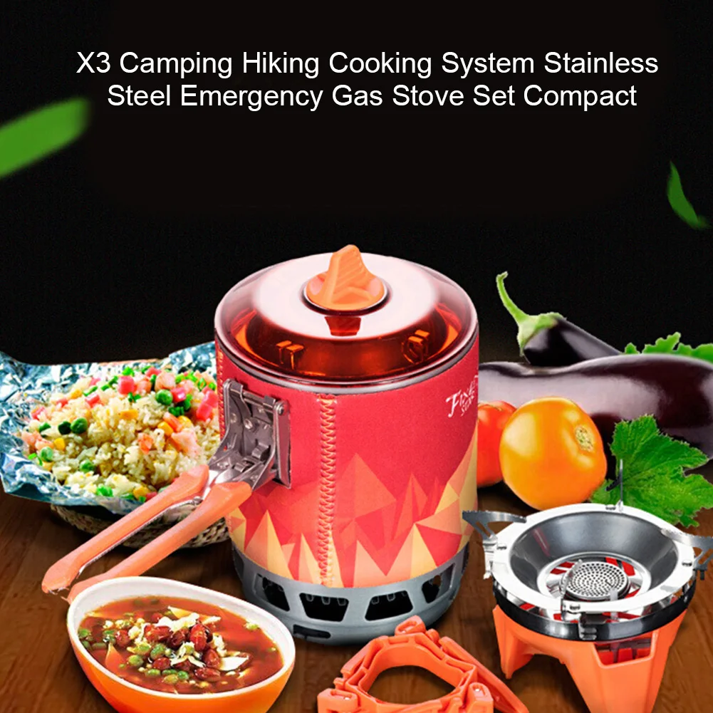 

X3 Stainless Steel Gas Stove Set Boiling Camping Hiking Backpacking Cooking System Pot With Heat Exchanger Outdoor Lid Compact