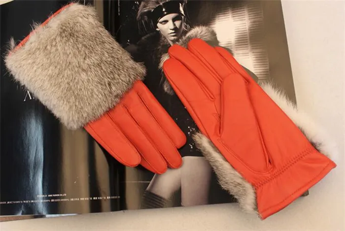 Зимние перчатки натуральный мех кролика натуральная овчина кожаные перчатки для женщин AG-14 - Цвет: orange red