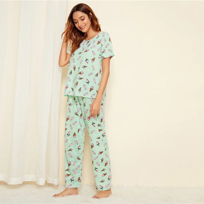SHEIN зеленый пижамный комплект с принтом мороженого, Повседневная Пижама с короткими рукавами и длинными штанами, пижамный комплект для женщин, летняя женская пижама, пижамные комплекты