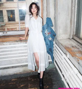 

Holiday Style Star Same White Short Sleeve Dress Two Piece Fairy Temperament Close Waist Shirt Skirt Split Long Skirts Womens