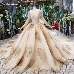 HTL480 бальное платье цвета шампанского свадебное платье плюс размер О-образным вырезом с длинными рукавами v-back кружевное подвенечное платье