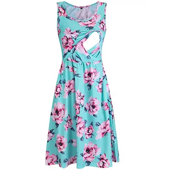 

2020 Women Maternity Clothes Floral Print Sleeveless O-neck Slip Skirt Woman Pregnant Nursing Breastfeeding Pregnancy Long Dress