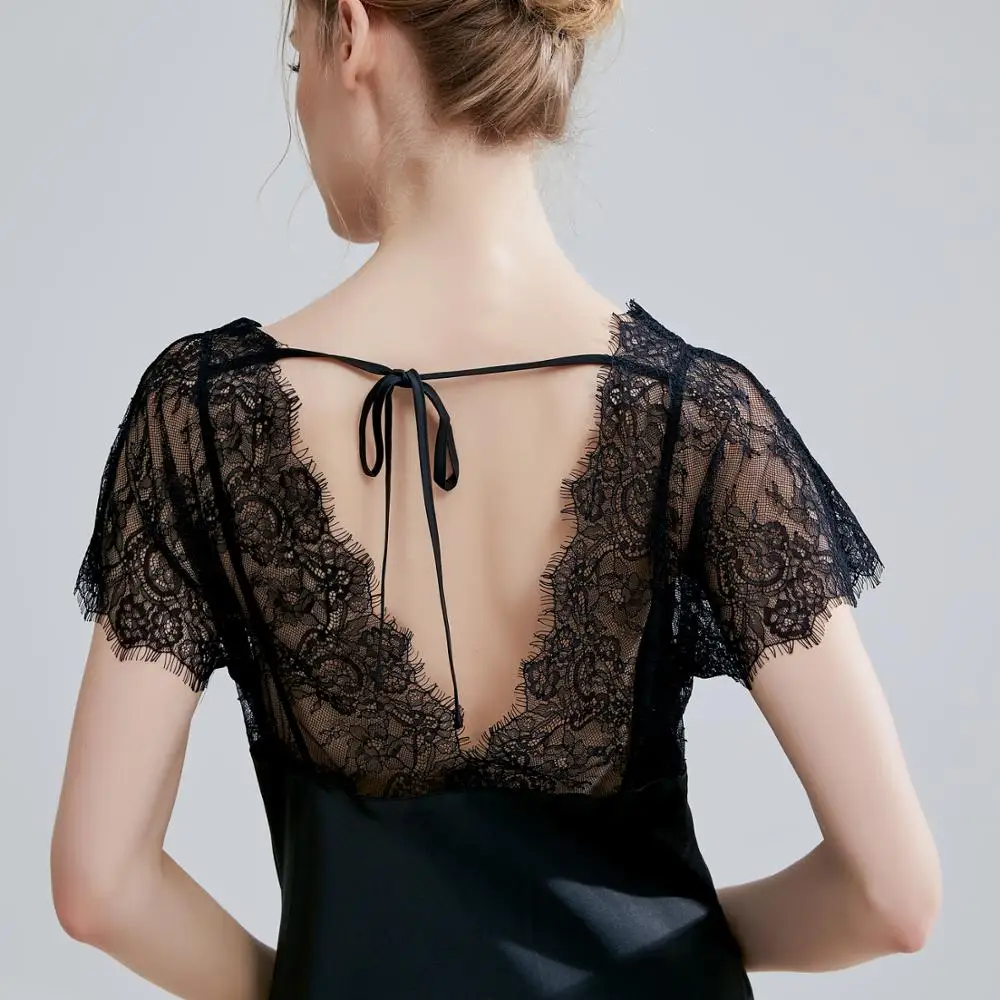 Women Lace Satin Silk Long Dress Deep V Neck Summer Nightdress Sexy Elegant Sleepwear Nightgown Night Skirt