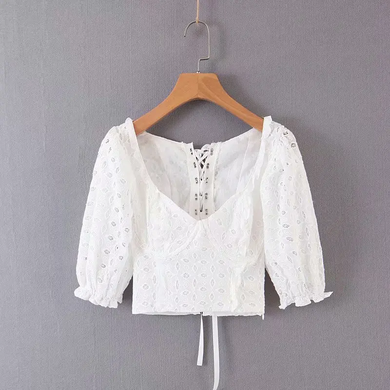 

Europe And America WOMEN'S Dress French Vintage Full Body Embroidered Back Bandage Cloth Large U Collar White Shirt Puff Sleeve