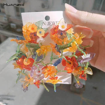 

HUANZHI 2020 New Retro Resin Transparent Colorful Flower Long Tassel Multilayer Dangle Drop Earrings For Women Girls Jewelry