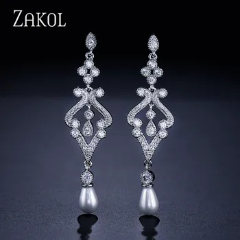

ZAKOL Design Vintage Palace Style Oval Imitation Pearl White Color CZ Zirconia Bridal Long Dangle Earrings Jewelry FSEP215
