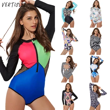 

Zipper Long Sleeve Rashguard One Piece Swimsuit Women Swimwear Surfing Bathing Suit Patchwork Printed Rash Guard Swimming Suit