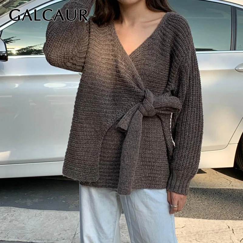 

GALCAUR Minimalist Knitting Women's Sweaters V Neck Long Sleeve Lace Up Korean Female Sweater 2019 Autumn Oversized Fashion New